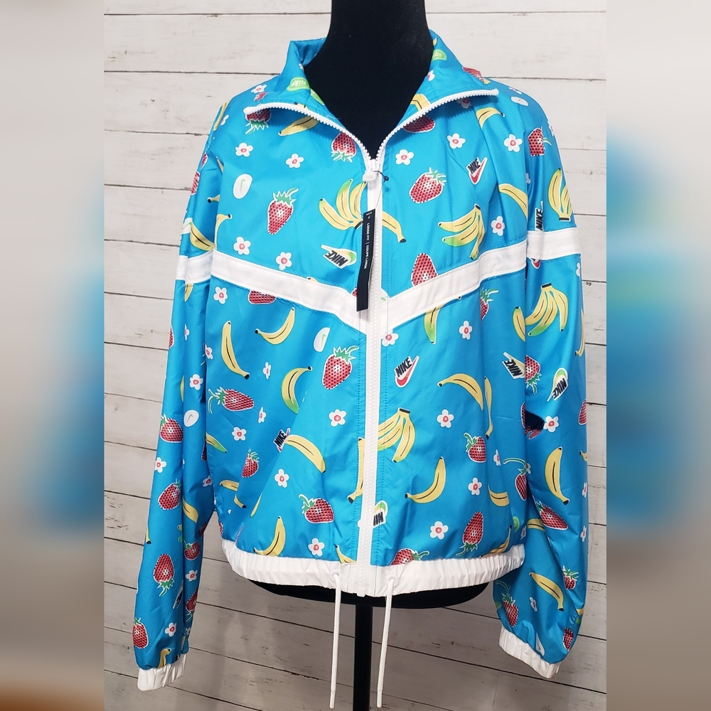 NWT Nike Blue Jacket Fruit Pattern Bananas Strawberries Daisy Zip Small, School